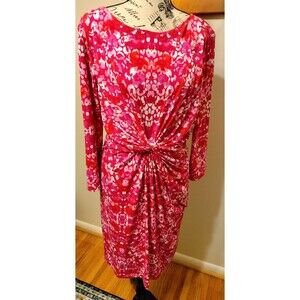 Muse Shades of Pink Floral Abstract Round Neck Twist Front 3/4 Sleeve Dress.Sz14